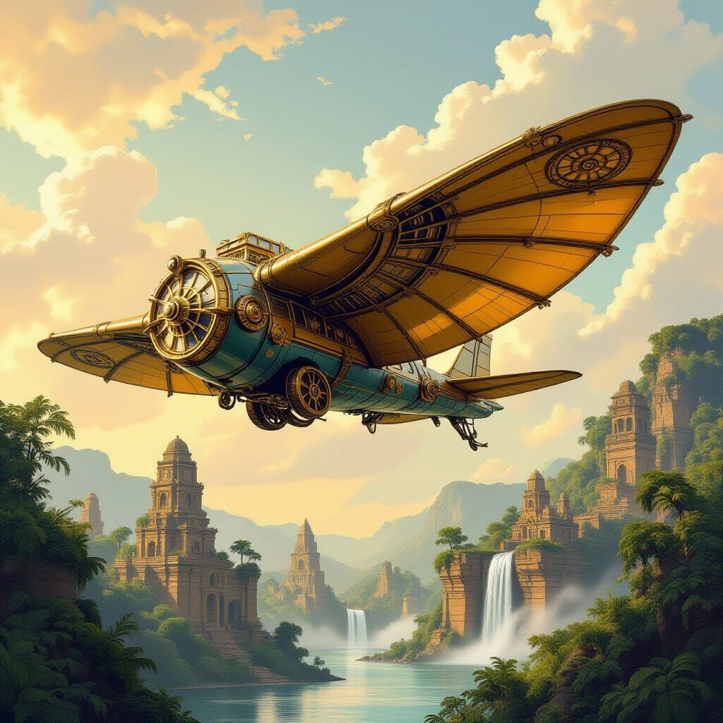 Steampunk Manta Ray Airship Soaring Above Jungle