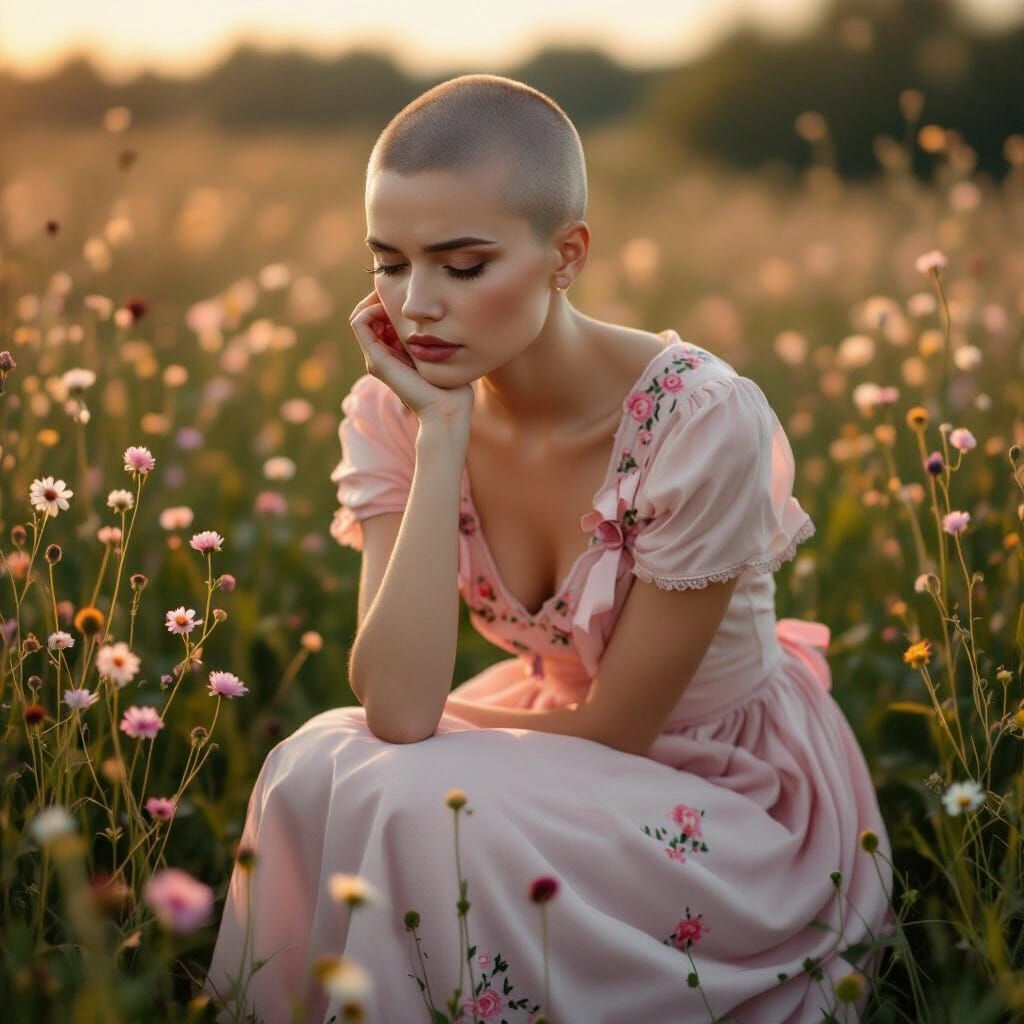 Pensive Woman in Pink Dress Amidst Wildflowers