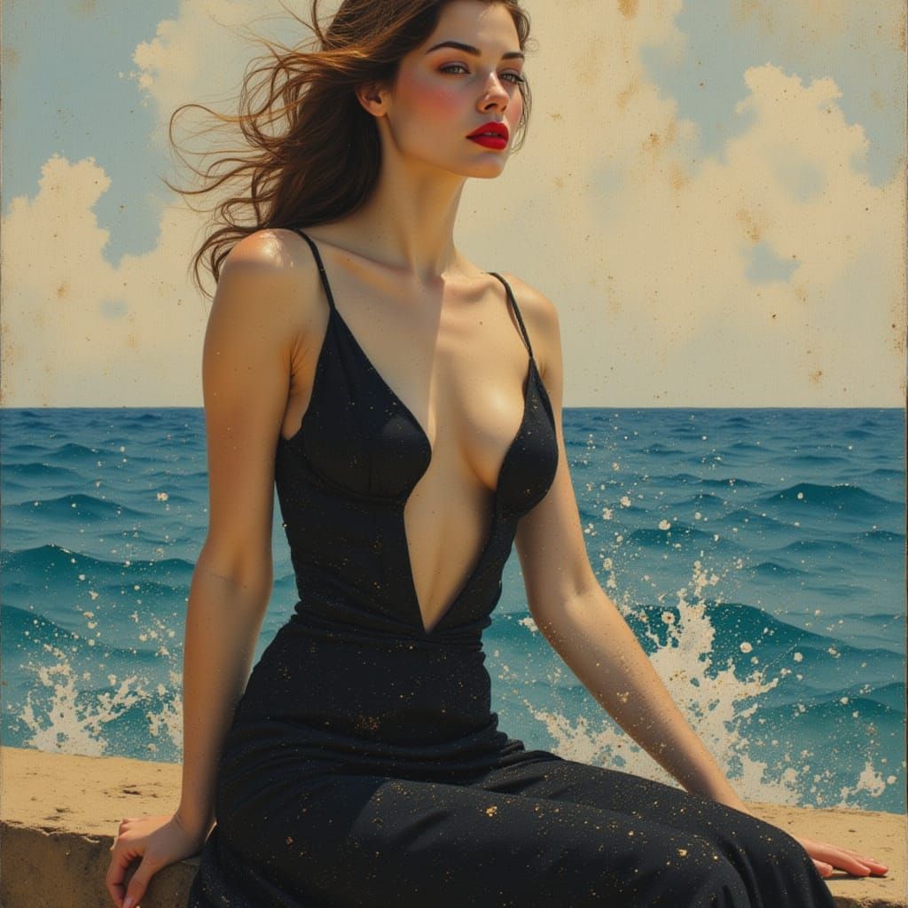 Helen of Troy Gazes at the Sea in Gold and Ornate Style