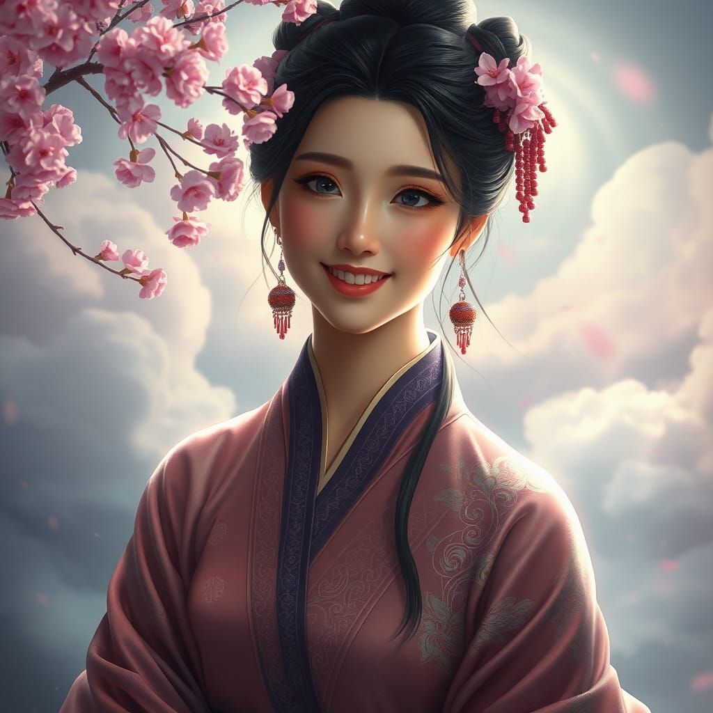 Oriental Beauty in Dreamlike Cherry Blossom Scene