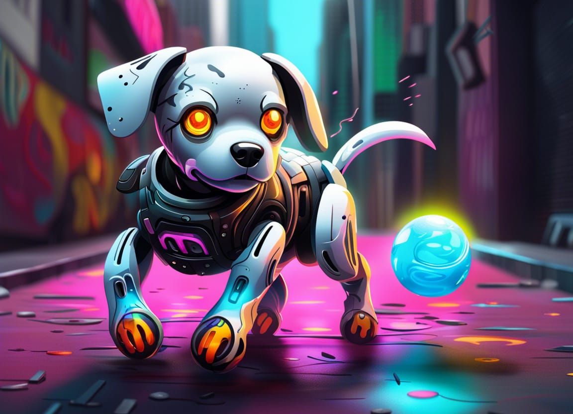 Cyberpunk Robot Dog Chasing Glowing Drone Ball