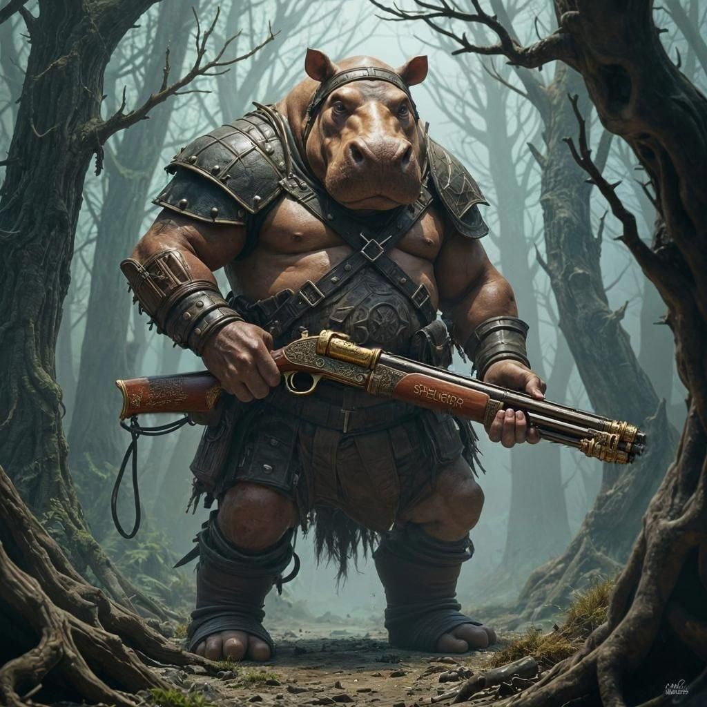Fantasy Hippo Mercenary with Shotgun, Detailed Matte Paintin...