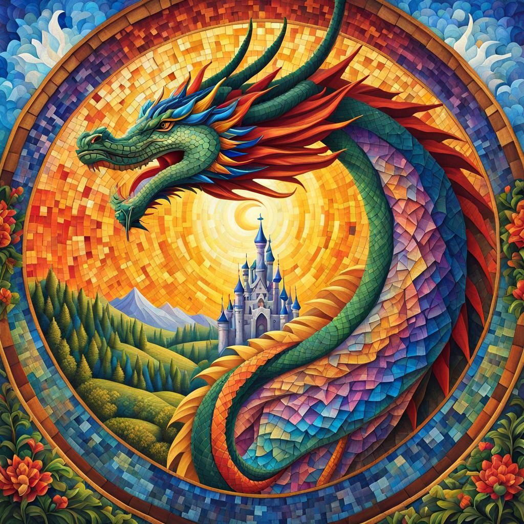 Colorful Dragon and Castle Mandala Art