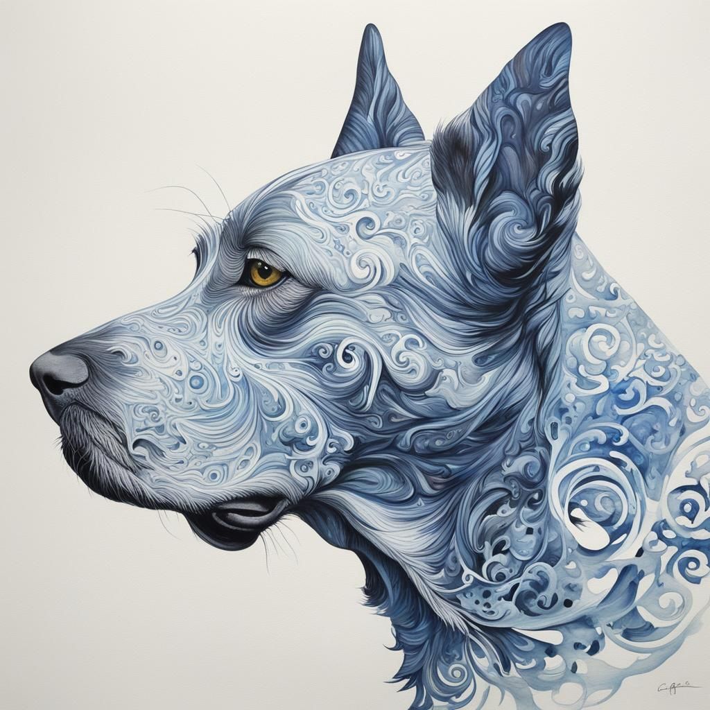 Dog Profile in Calligraphic Double Exposure Watercolor