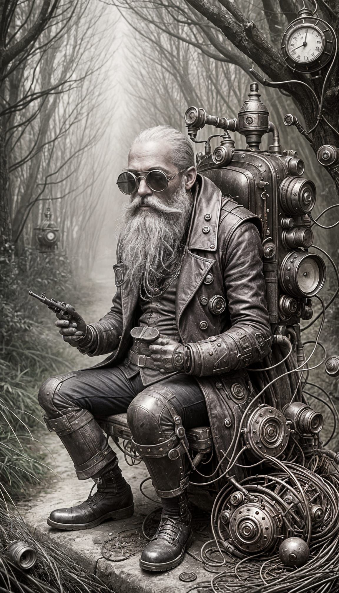 Steampunk Android Lost on Country Road: Dürer-Style Engravin...