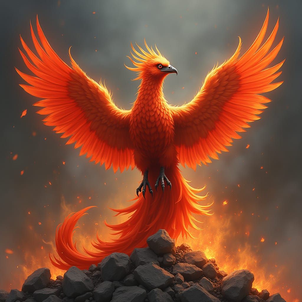 Fiery Phoenix Rising from Ashes, Digital Art