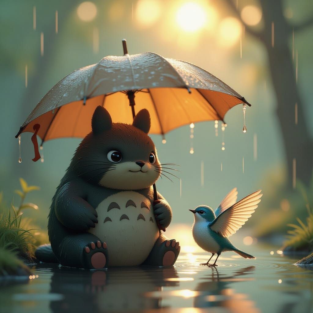 Stone Creature and Bird Under Umbrella in Golden Light