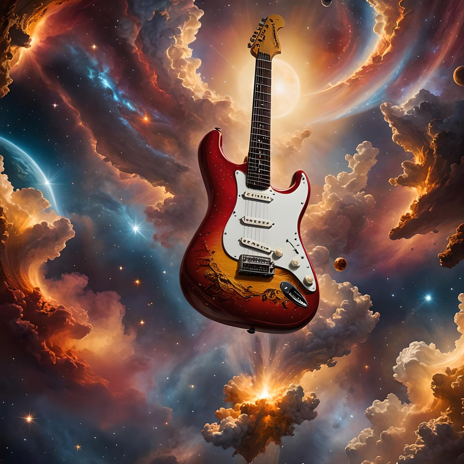Red Stratocaster Guitar Floating in Space