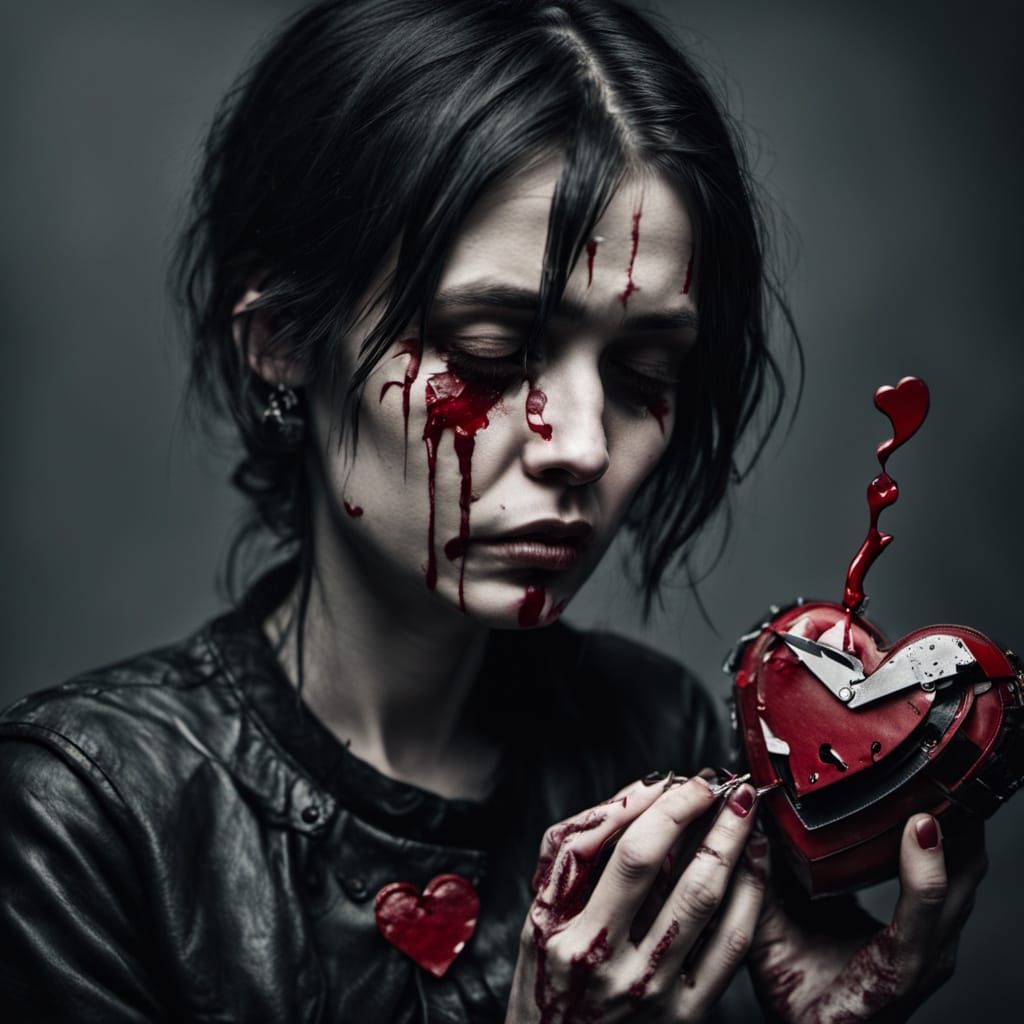 Gothic Woman Discards Broken Heart in Trash