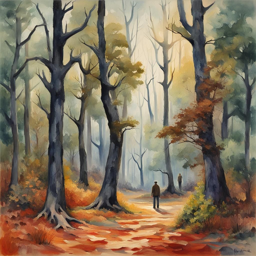 Human Trees in Dark Forest Gouache Painting