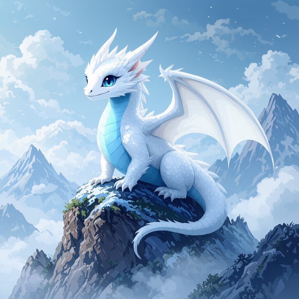 Anime Style Baby White Dragon on Misty Mountain