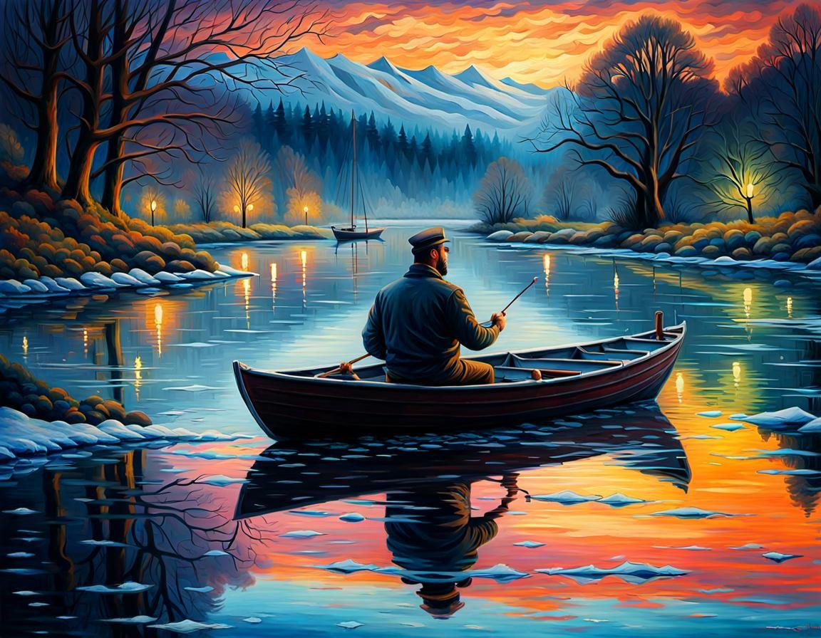 Icy Riverscape Reflection: Shaving Man at Night