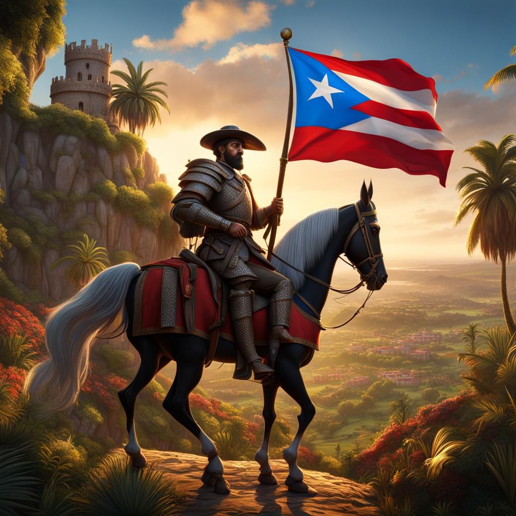 Don Quixote with Puerto Rico Flag, Detailed Painting