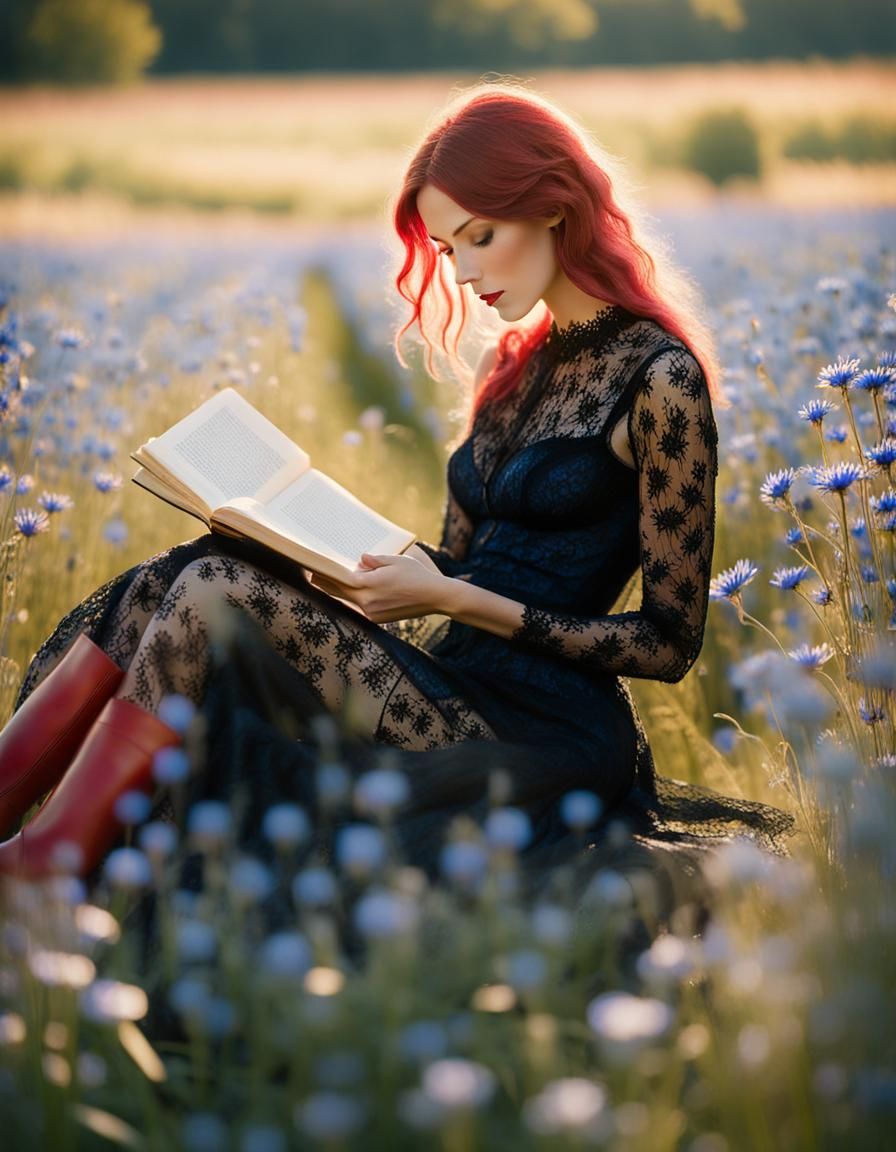 Woman Reading in Cornflowers: Impressionistic Soft Focus