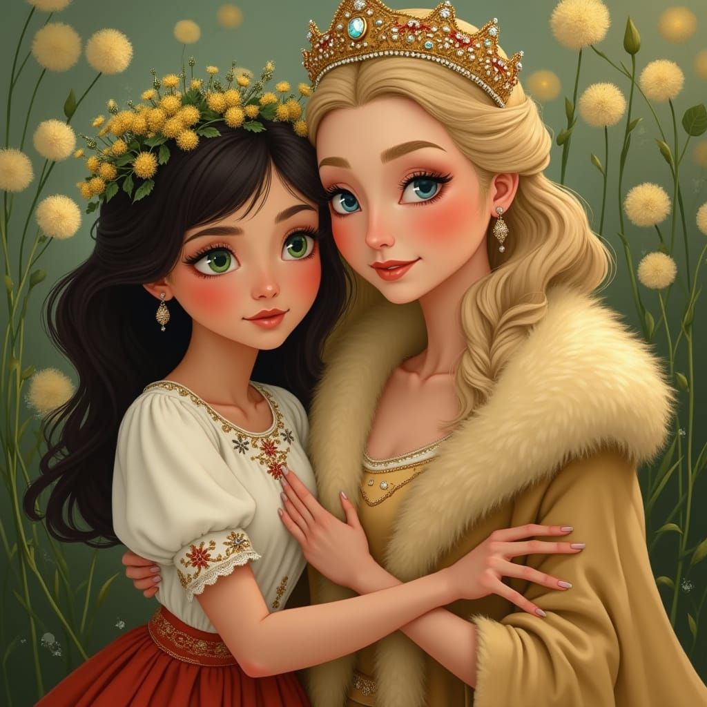 Empress Hugs Young Woman in Dandelion Wreath