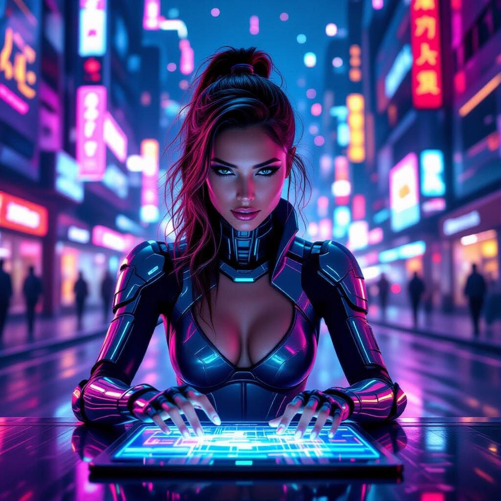 Cyborg Woman in Neon City: Futuristic Art