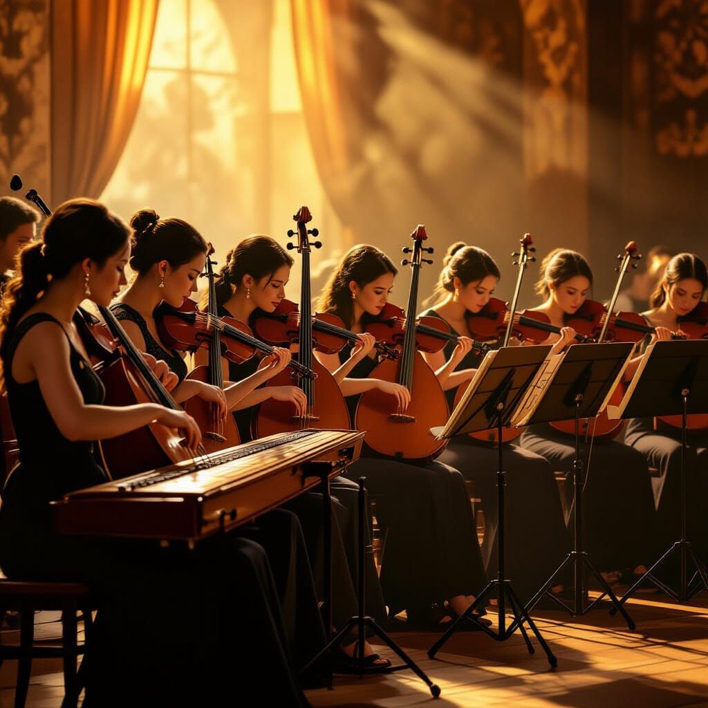 Nine Musicians Play Zithers in Golden Hour Glow