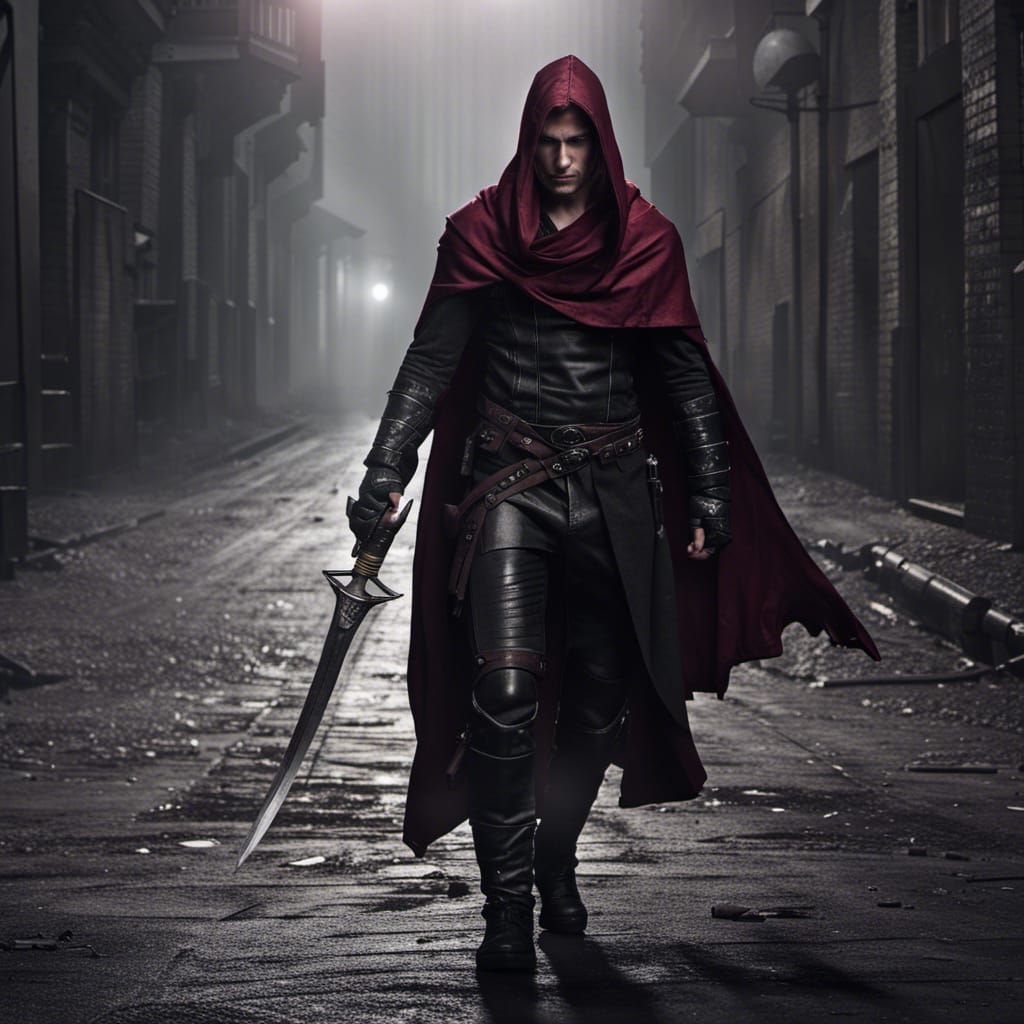 Fantasy Assassin in Dark Alley, Detailed Matte Painting