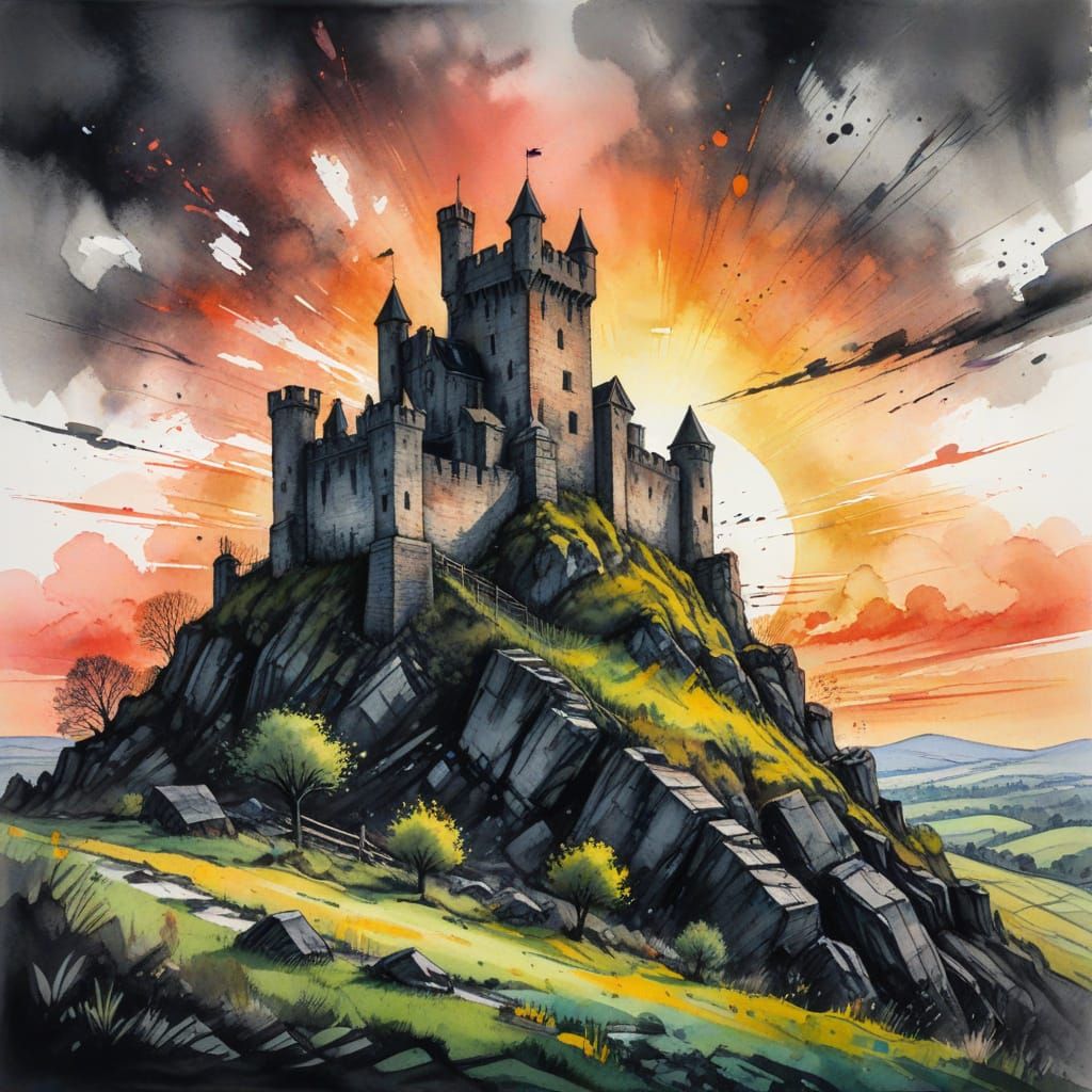 Castle Ruins at Sunrise: Charcoal and Watercolour
