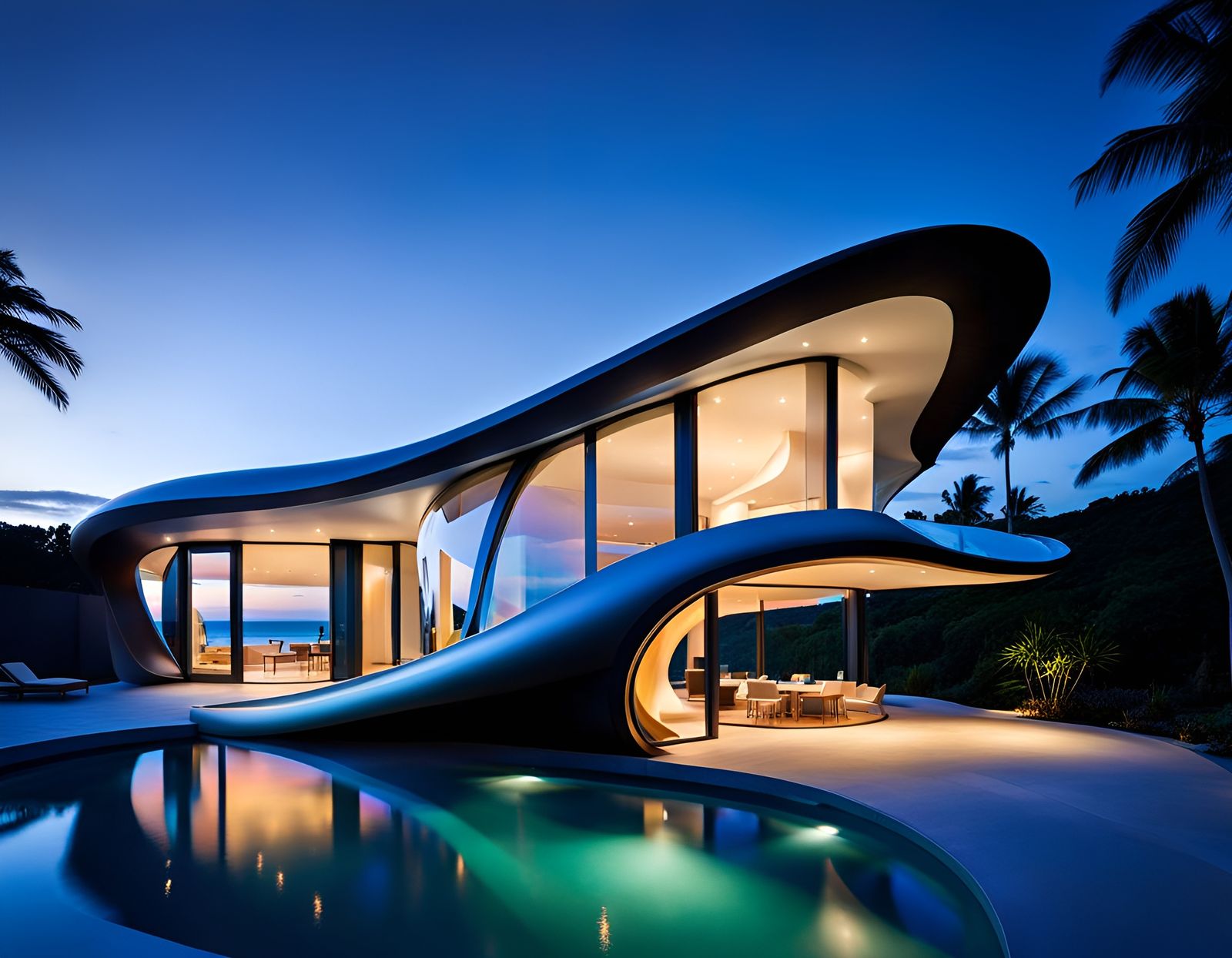 Modern Abstract Wave House with Bioluminescent Aquarium