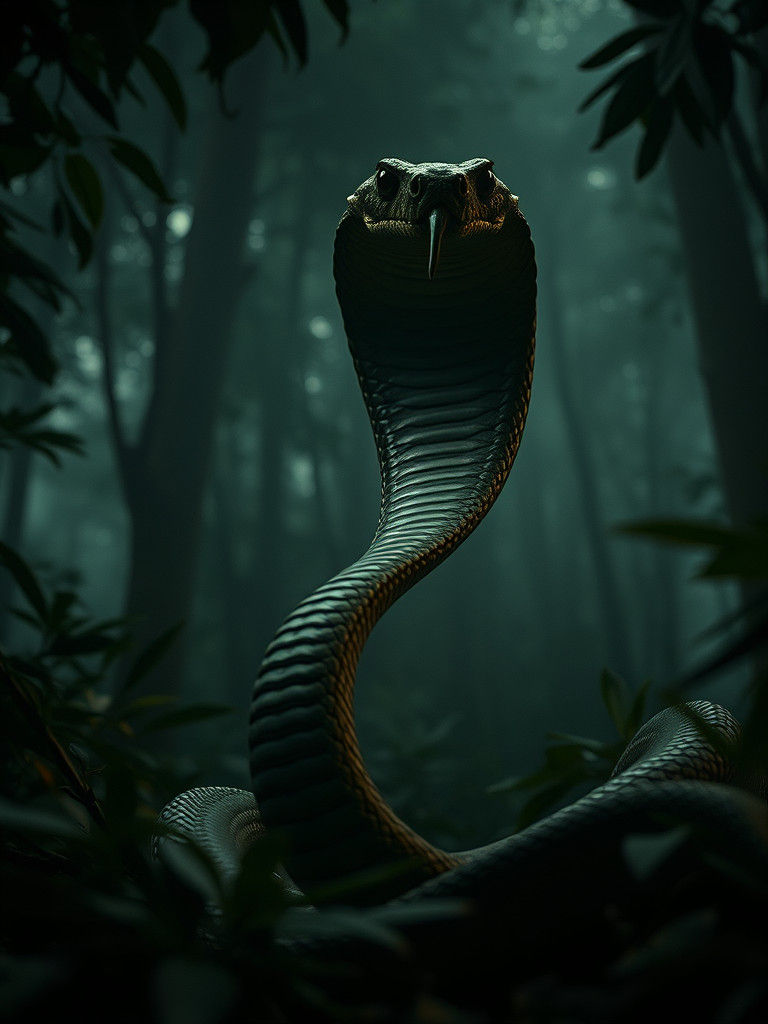 Majestic Cobra in Misty Forest: Cinematic Close-Up