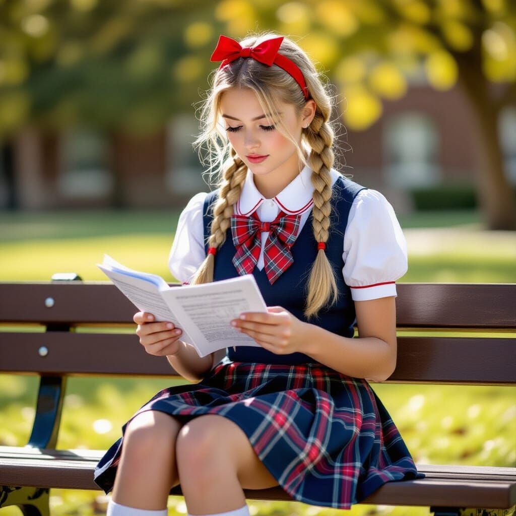 Young Woman in School Uniform Reading