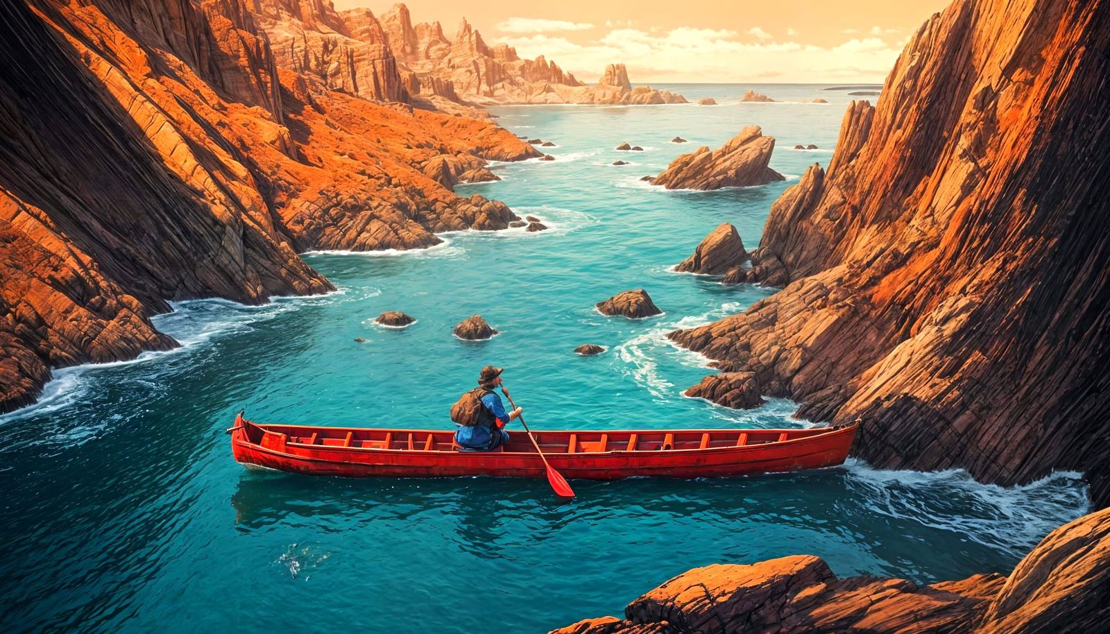Vibrant Red Canoe on Deep Blue Water, Rocky Shoreline