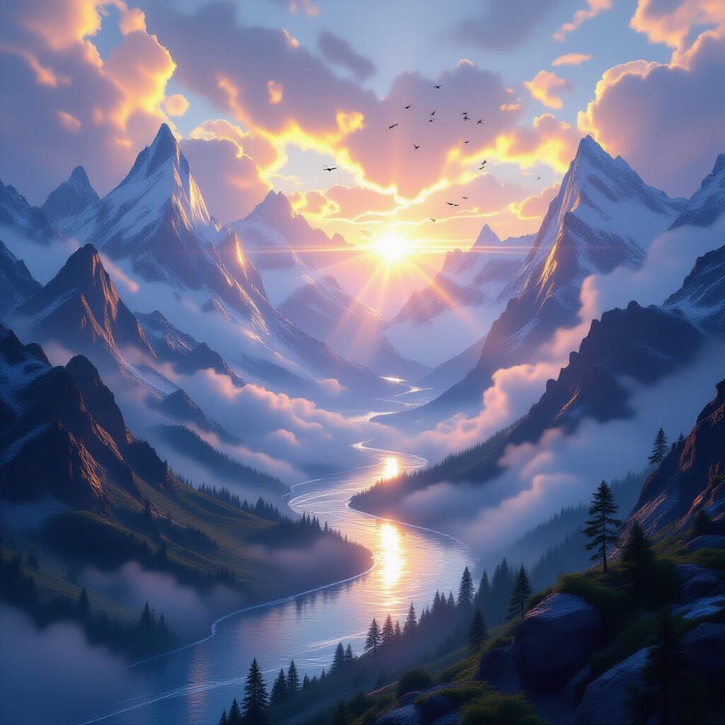 Crystal Mountain Range at Dawn over Misty Valley