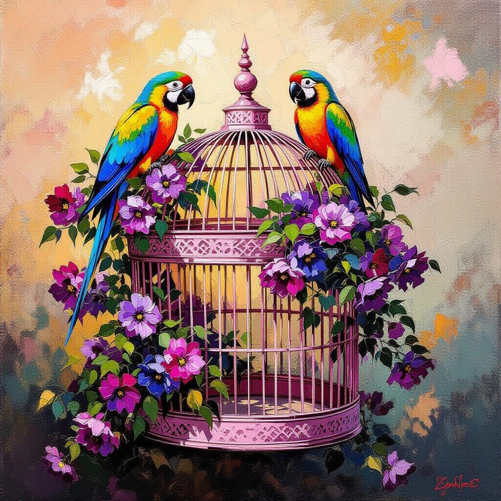 Ornate Pink Bird Cage with Parrots and Purple Flowers