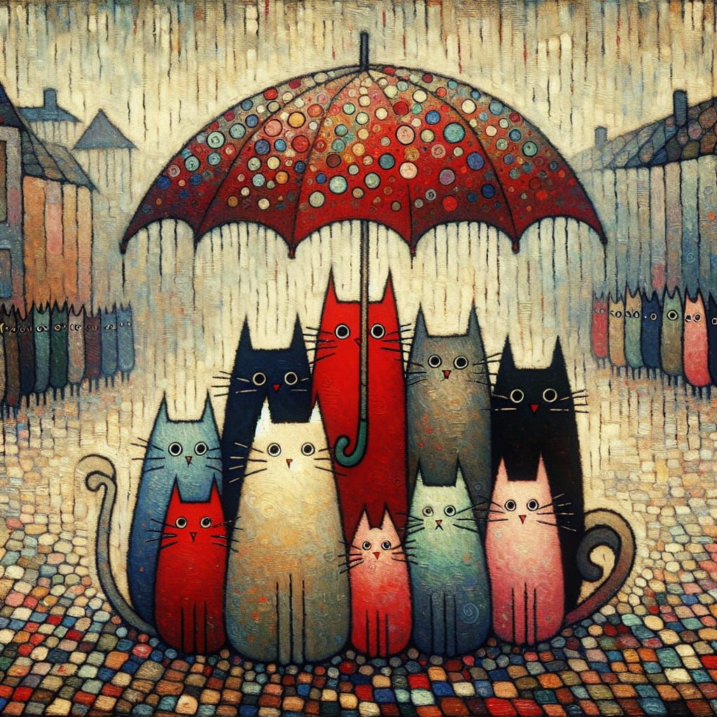 Whimsical Cats Seek Shelter in Folk Art Style