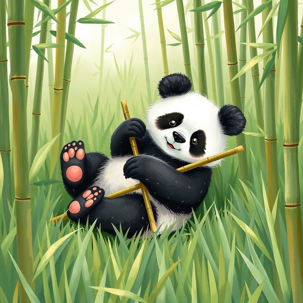 Playful Panda in Lush Meadow: Whimsical Illustration