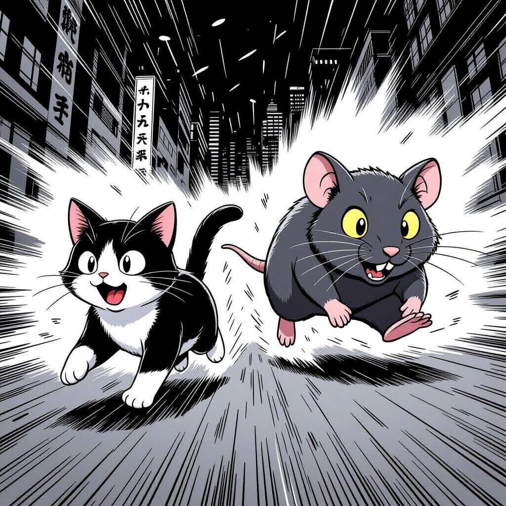 Cartoon Cat Flees Giant Rat in Dynamic Manga Style
