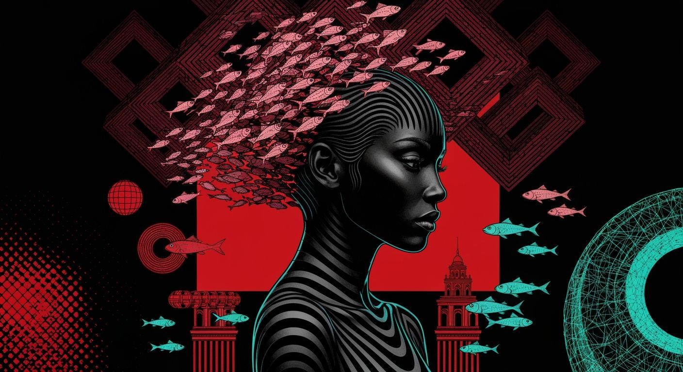 Bioluminescent Woman Transforms into Fish Flock