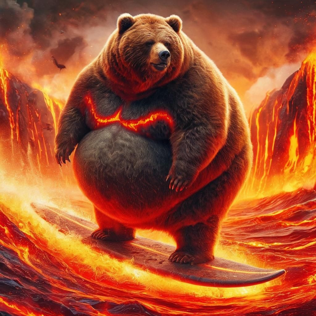 Kodiak Bear Surfing Lava Wave in Magma Ocean