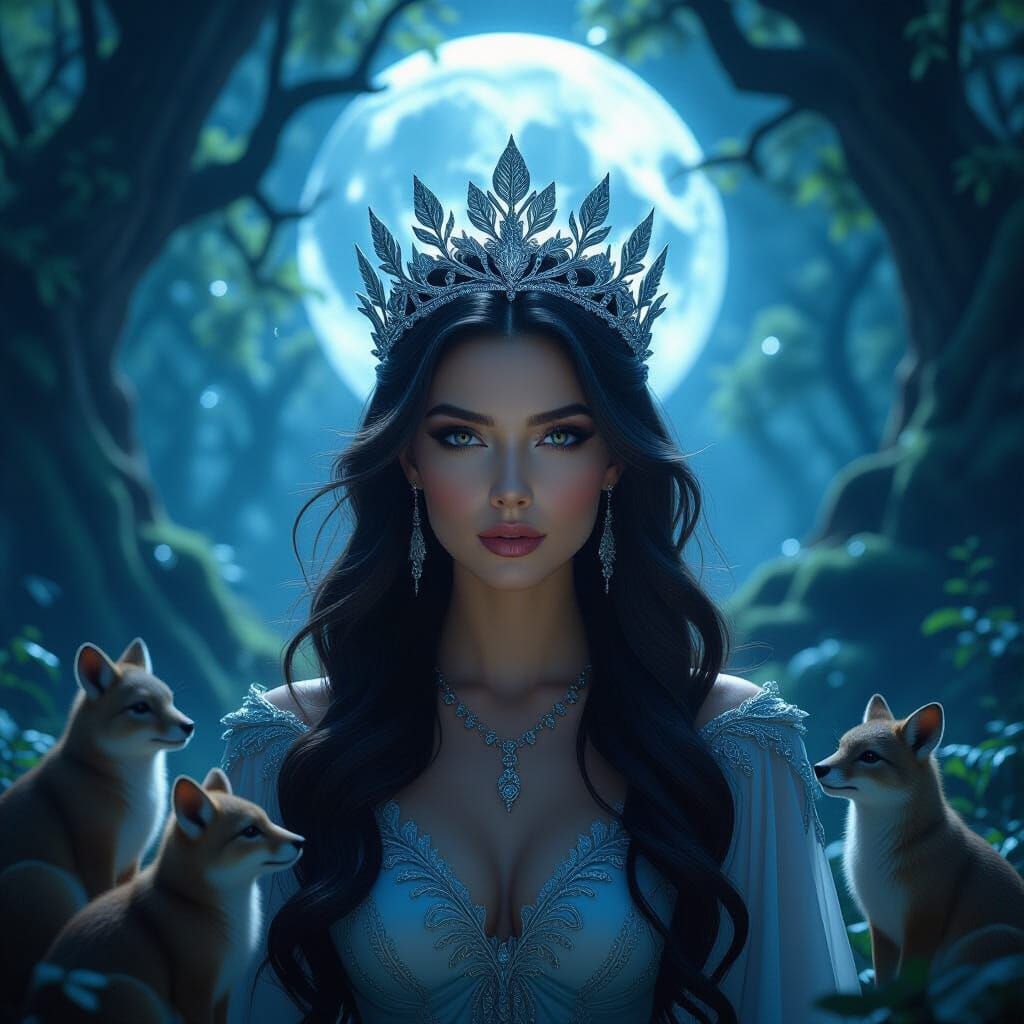 Forest Queen in Moonlight, Silver Leaves Crown, Animals Gath...