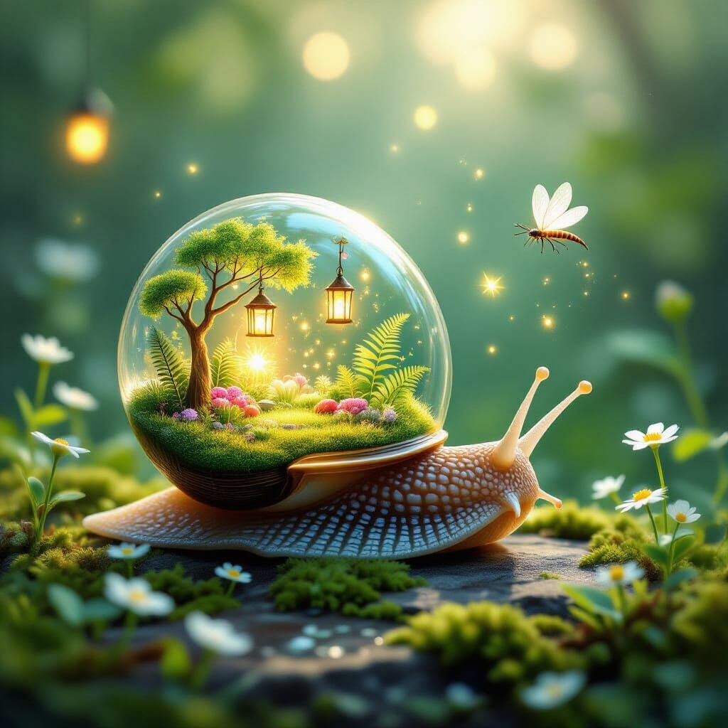 A whimsical snail with a translucent shell slowly making its...