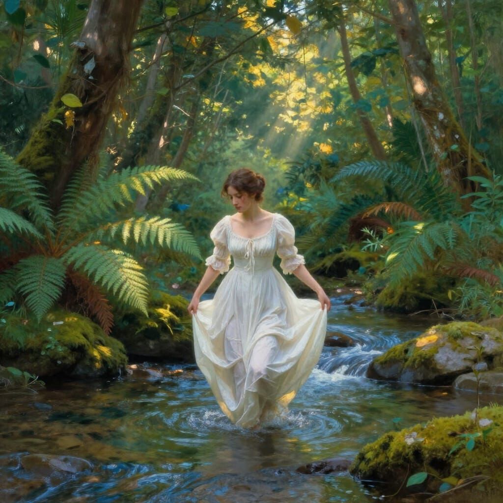 Regency Woman in Ethereal Forest Stream Oil Painting