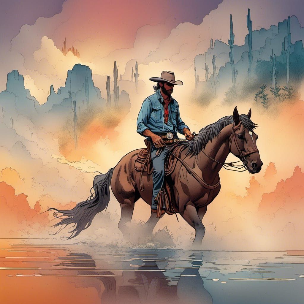 Cowboy on Dusty Trail in Nebulous Line Art