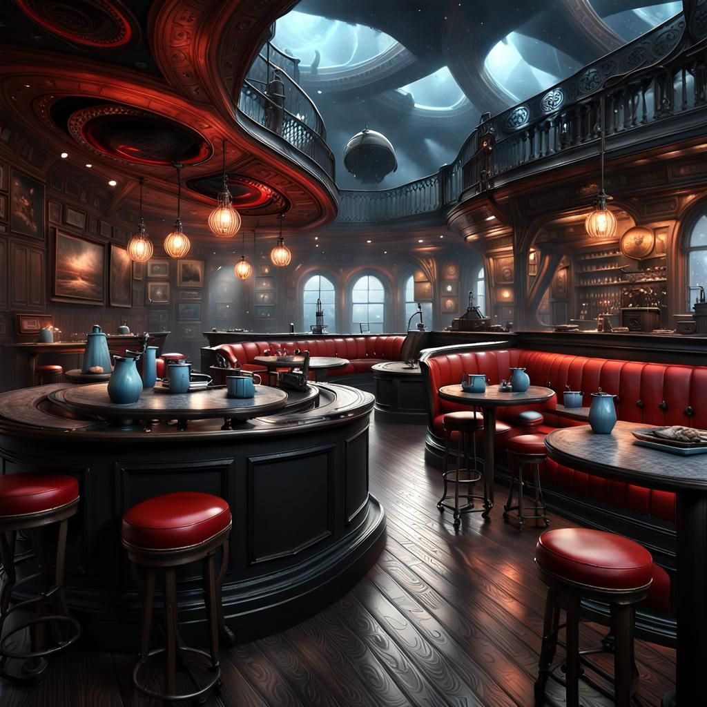 Surreal Coffee Shop with Whales and Exploding Suns