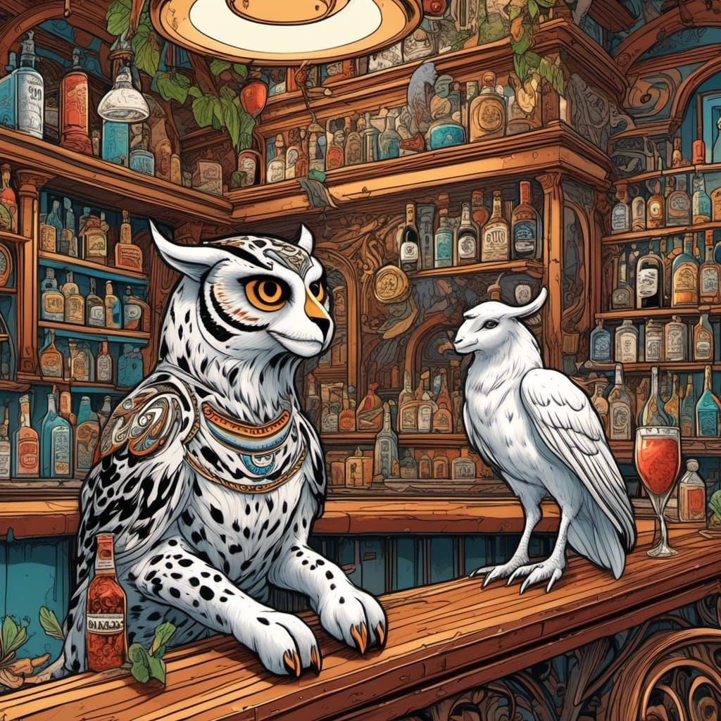 Humorous Cartoon Animals in Bar Scene