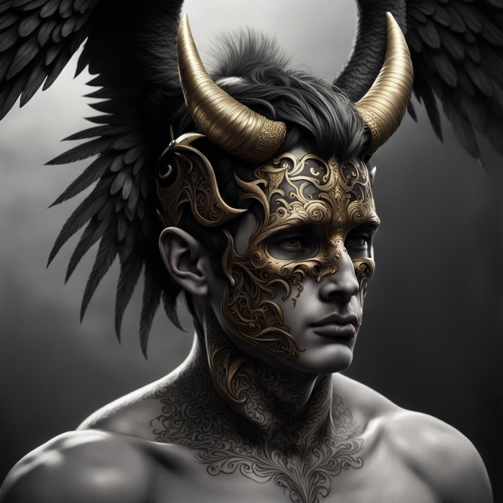 Fallen Angel with Tattoos in Digital Art Style