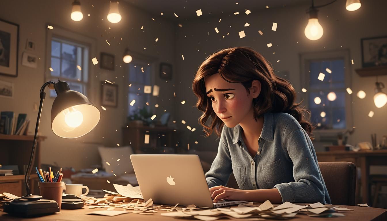 Pixar-Style Close-Up: Woman in Dimly Lit Apartment