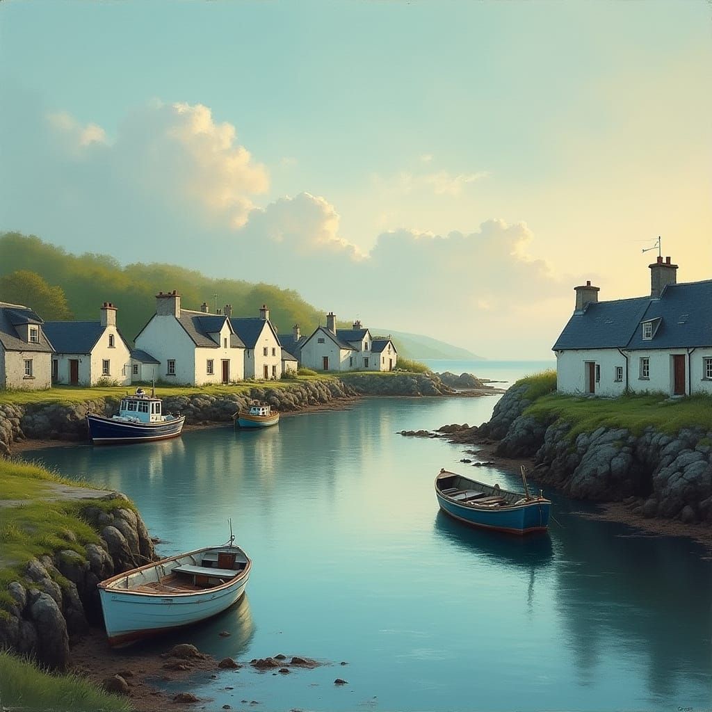 Irish Fishing Village at Dawn in Pastel Colors