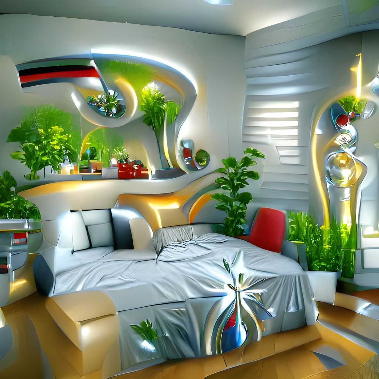 An intergalactic master bedroom in outer space, warm sunlight shining in with lots of space plants around the room
