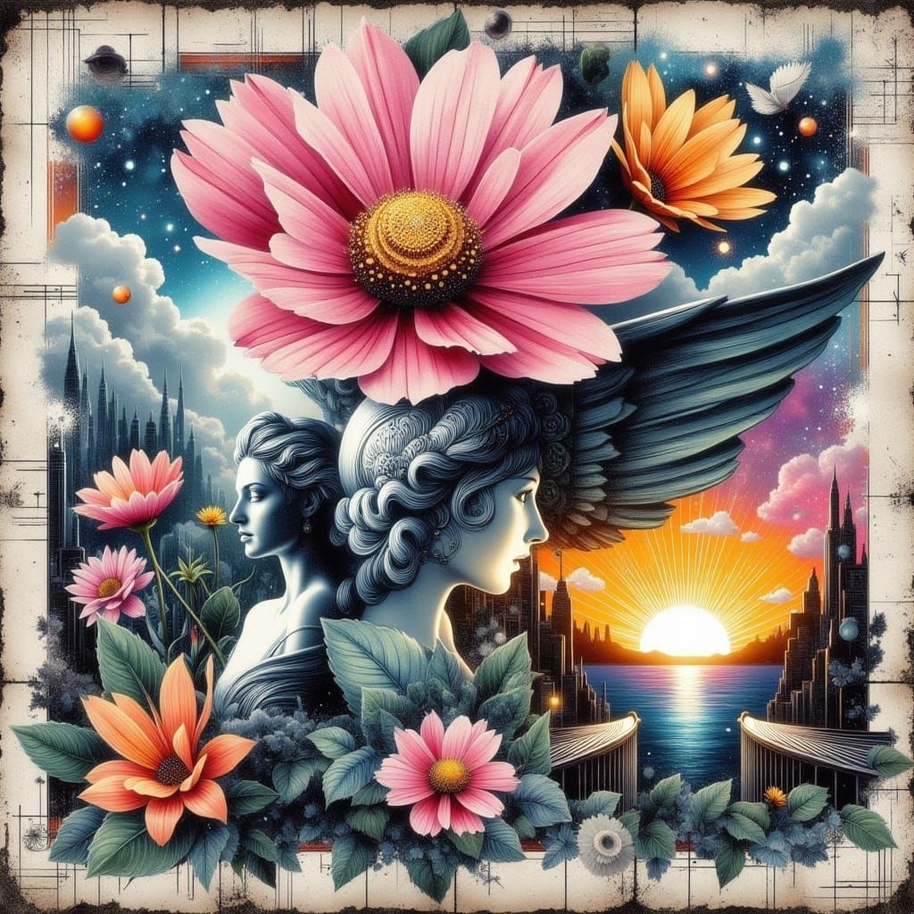 Athena Statue and Delicate Flower Composition