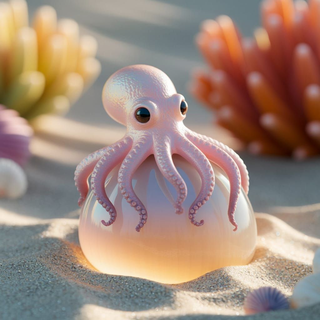 Iridescent Baby Octopus Clings to Seashell