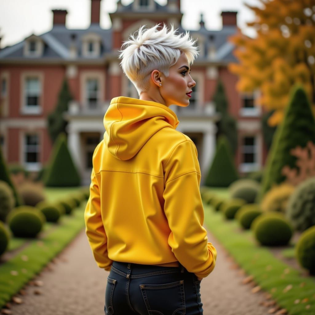 Woman in Yellow Hoodie Walks Through Autumn Garden