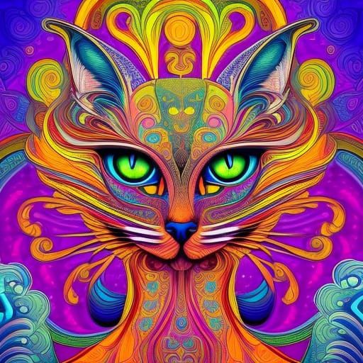 Psychedelic Cat Vector Art in Art Nouveau Style