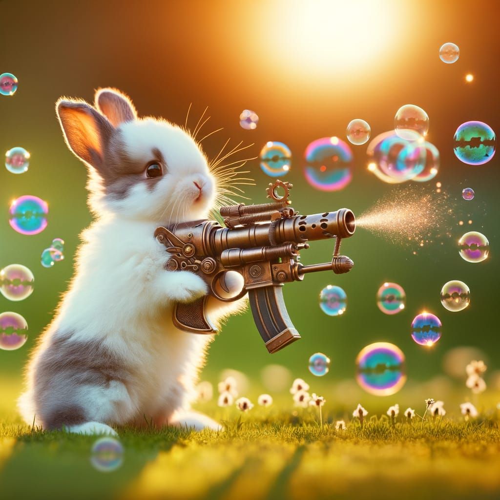 Playful Bunny with Bubble Gun in Sunny Meadow