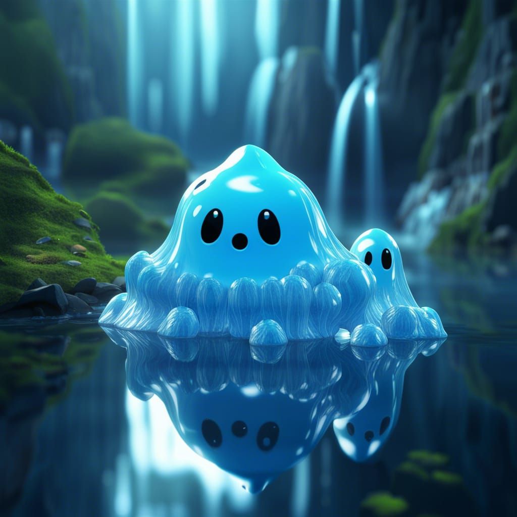 Reflective Blue Ghost Family by Waterfall in Graffiti Art